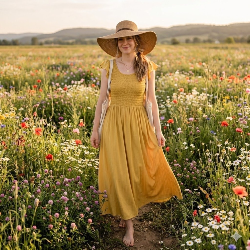 L Love Maxi Dress Women Large Yellow Stripe Smocked Flutter Sleeve Cottagecore